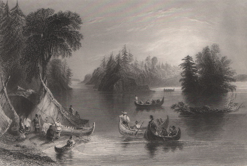 CANADA. Indian Scene on the St. Lawrence. Canoes. Tipis. BARTLETT 1842 print